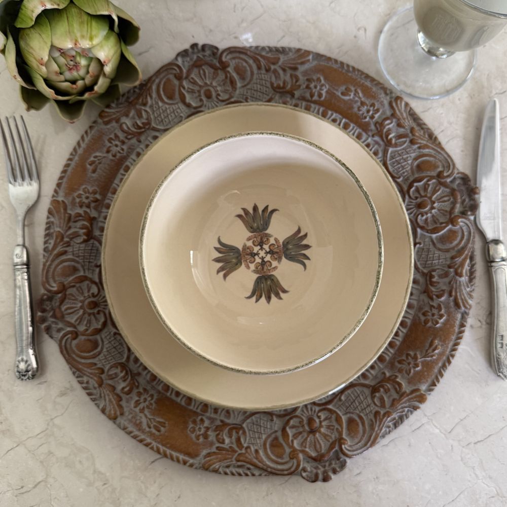 Villa Ceramic Cereal Bowl stacked on a Salad Plate and Florentino Antica Corte Wooden Charger - Arte Italica