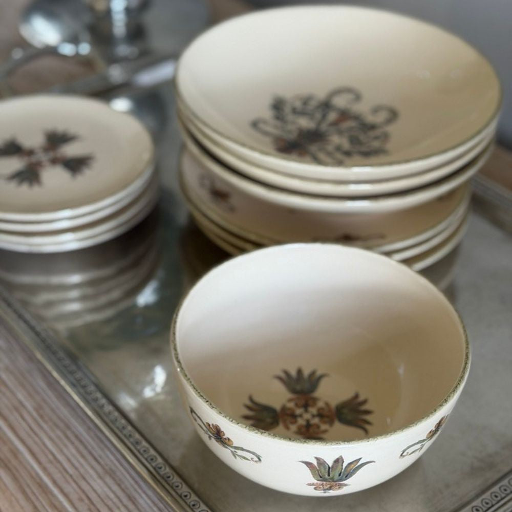 Villa Ceramic Cereal Bowls and Pasta bowls stacked on a Pewter Tray - Arte Italica
