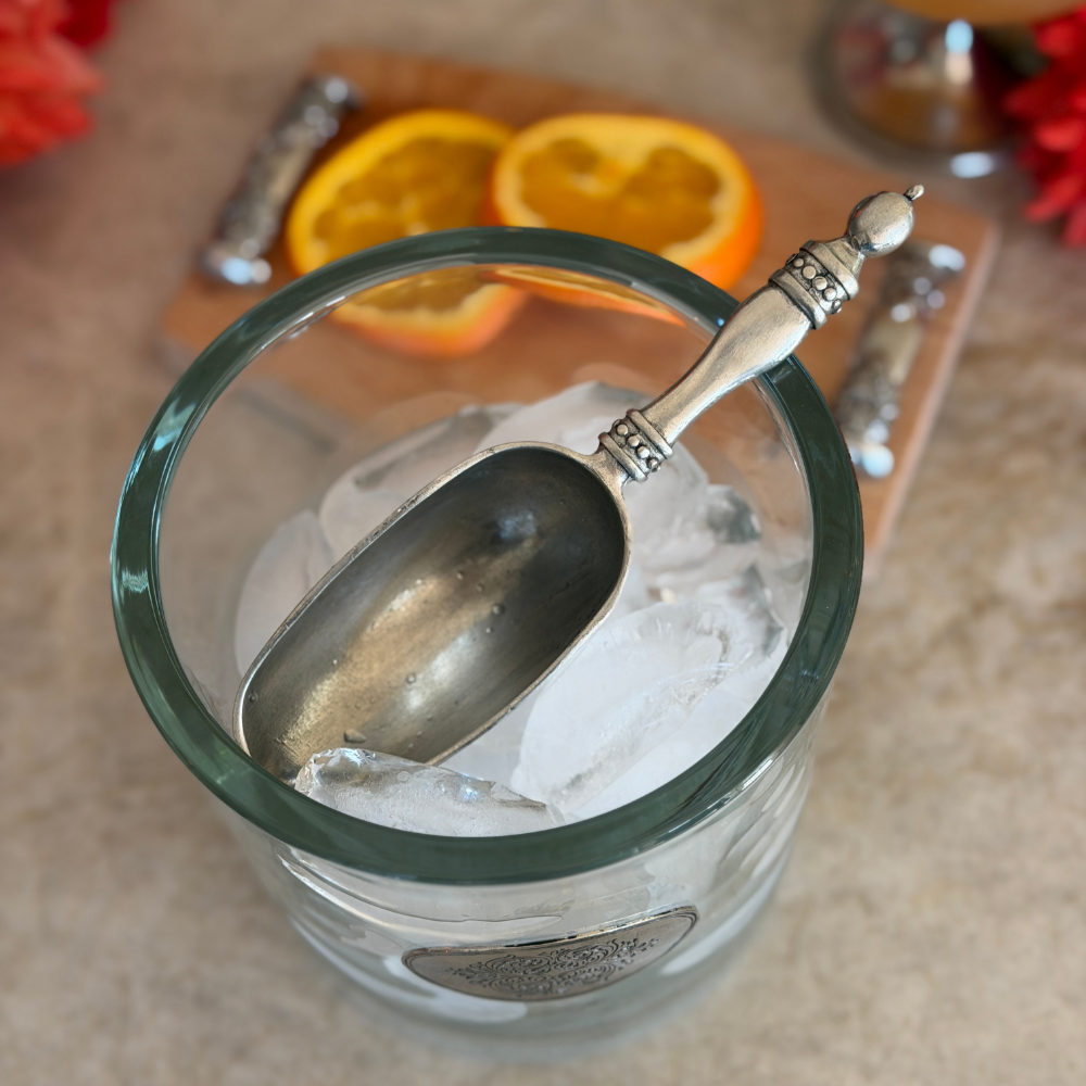 Close-up of distressed patina finish on Arte Italica Vintage Pewter Scoop, Made in Italy