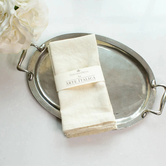 Washed Linen Napkin Set in Cream on a pewter Tray - Arte Itaica