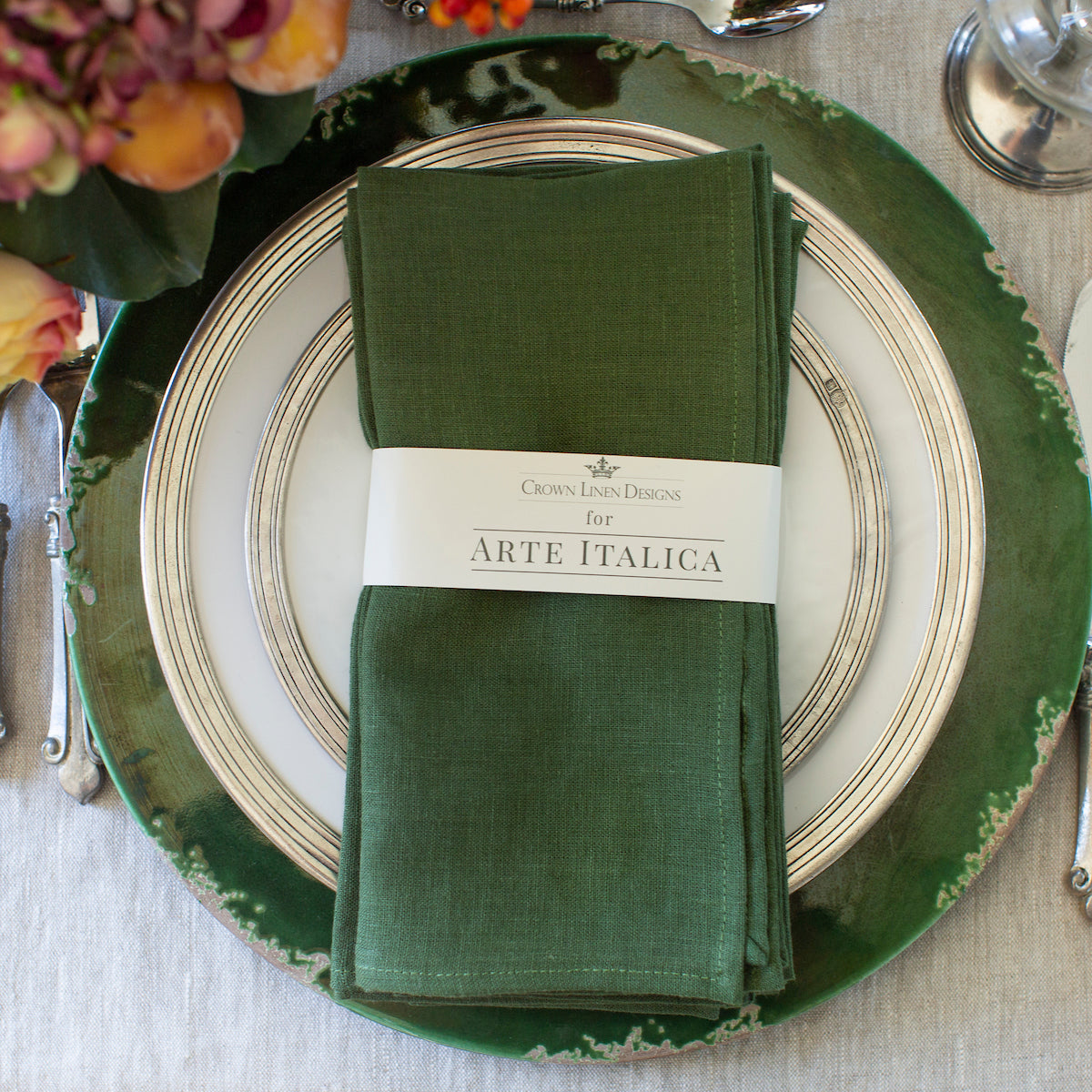 Washed Linen Napkin Set Evergreen on Tuscan plates and Scavo charger - Arte Italica Crown Linen Designs