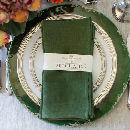 Washed Linen Napkin Set Evergreen on Tuscan plates and Scavo charger - Arte Italica Crown Linen Designs