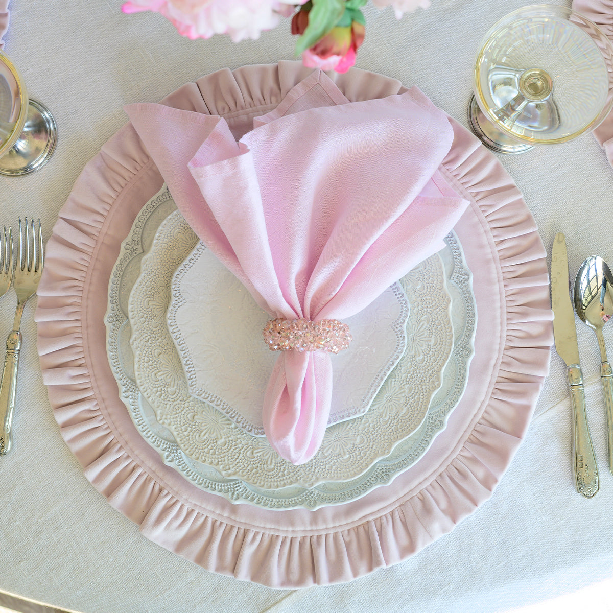 Washed Linen Napkin Set in Lilac on a Merletto place setting - Arte Italica Crown Linen Designs