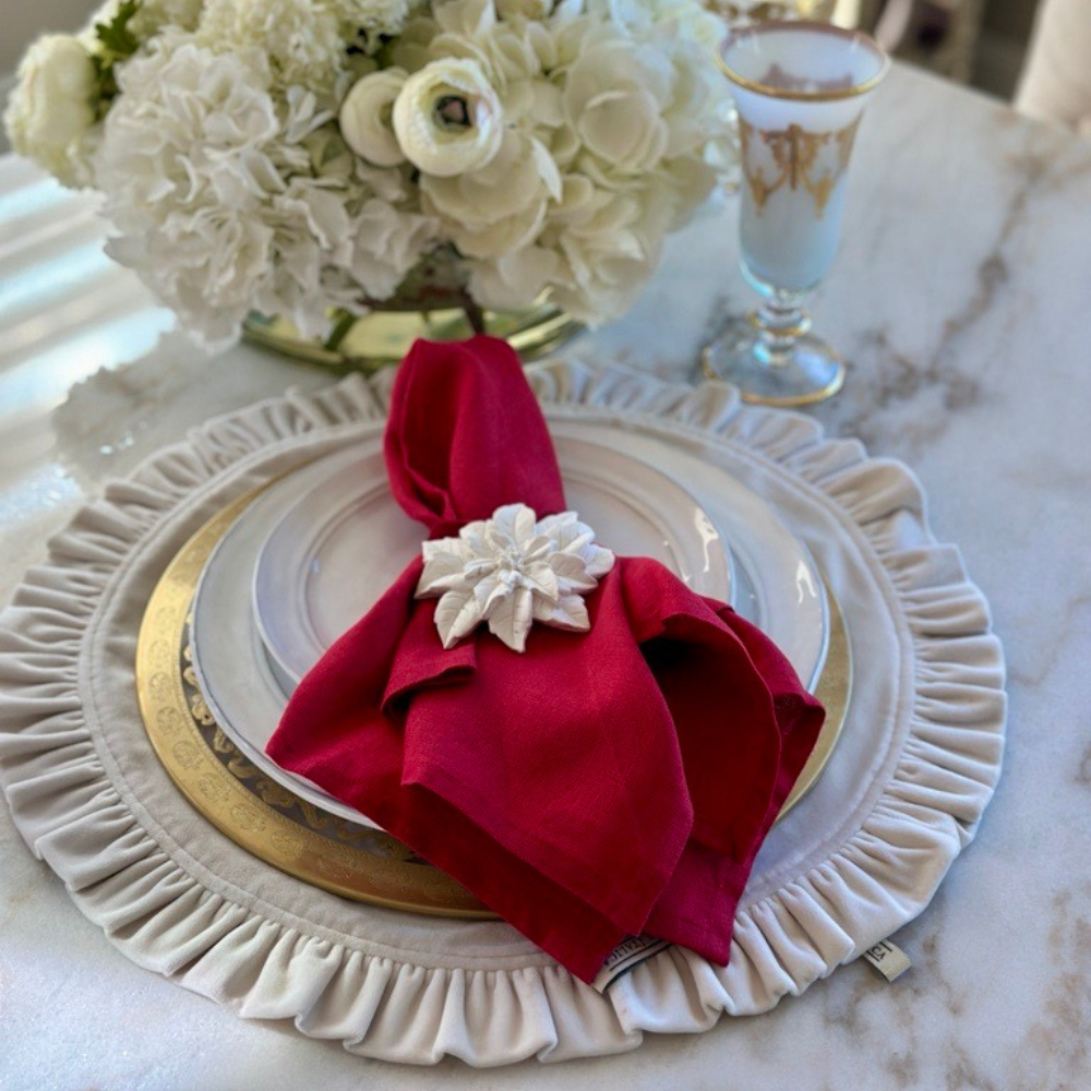 Washed Linen Napkin Set in Red with a flower napkin ring and flowers - Crown Linen Designs Arte Italica