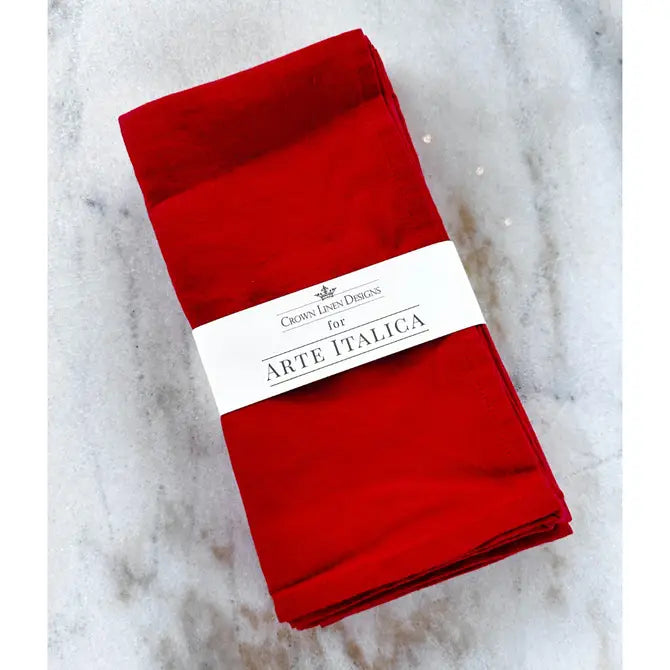Washed Red Linen Napkin Set on a marble background