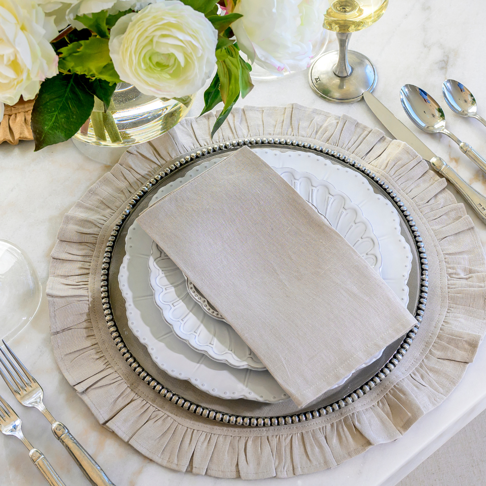 Washed Linen Napkin Set in Soft Flax on Bella Bianca Dinnerware - Arte Italica Crown Linen Designs