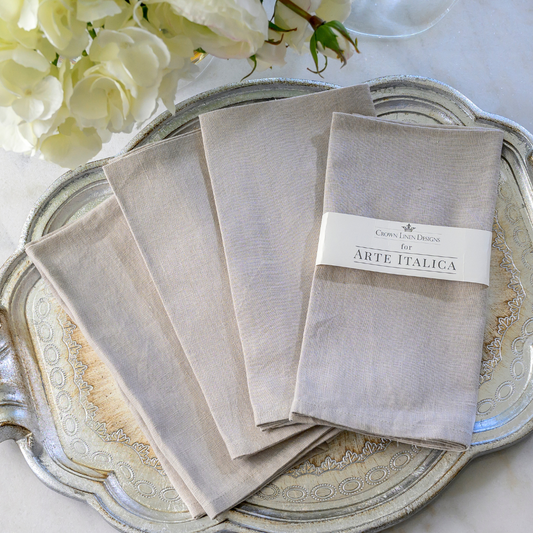 Washed Linen Napkin Set in Soft Flax on  Silver Florentino Tray - Arte Italica Crown Linen Designs