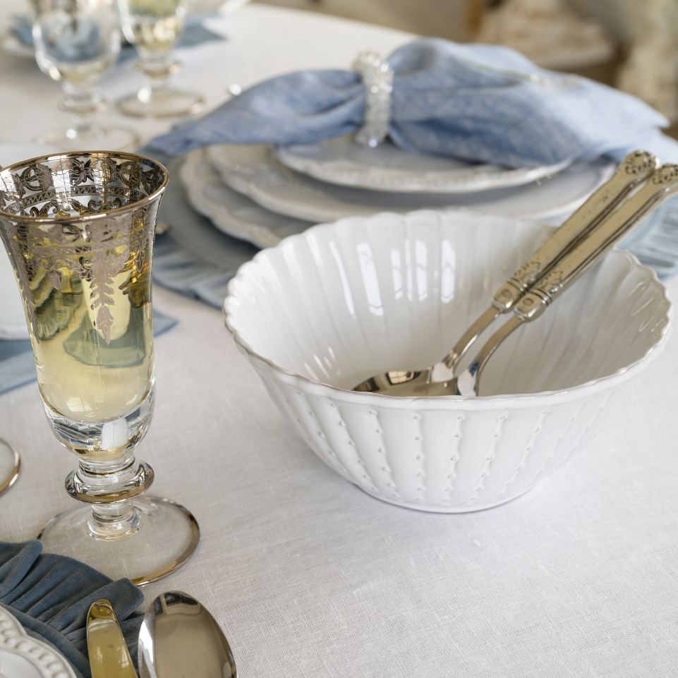 Arte Italica Bella Bianca small serving bowl Italian stoneware side detail on table with spoons