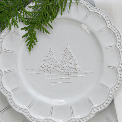 arte-italica-bella-natale-salad-dessert-plate-stoneware detail of winter trees on plate