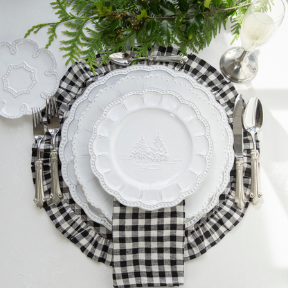 Arte Italica Bella Natale salad dessert plate Italian stoneware holiday with check napkin and placemat