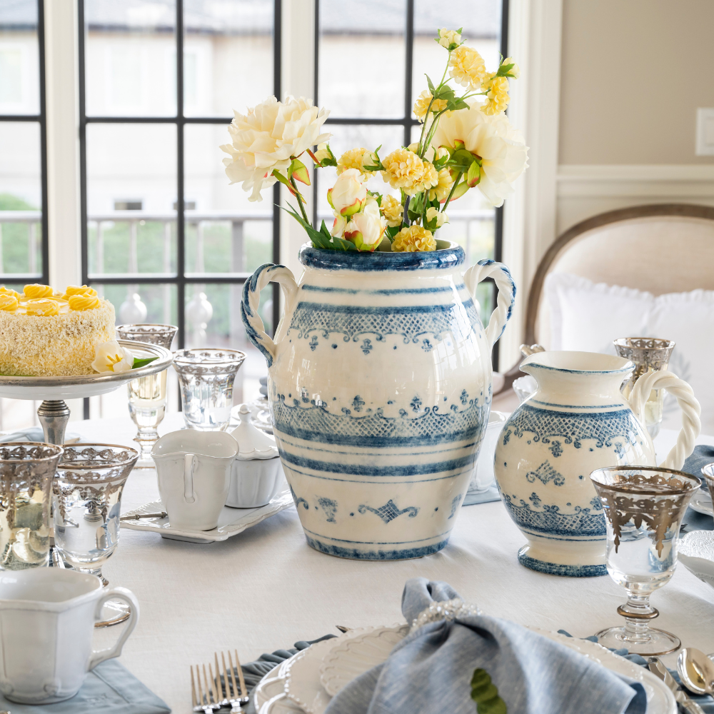 Arte Italica Burano 2 handled urn blue ceramic Italian hand painted ceramic decor on table