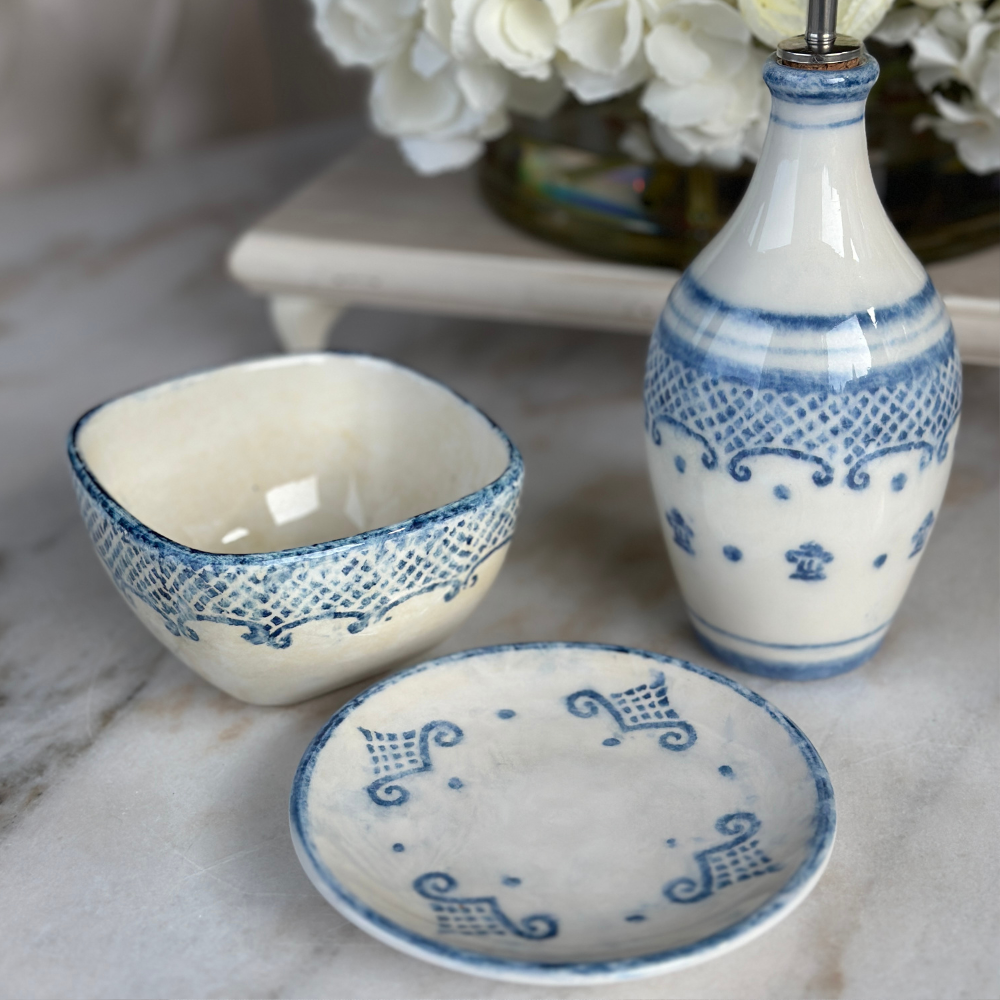 Arte Italica Burano bread and canapé plate blue ceramic Italian hand painted dinnerware, artisan tableware with bowl and oil