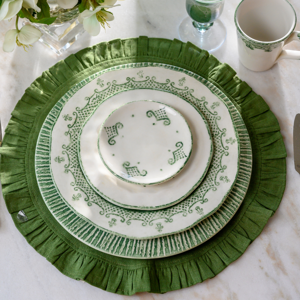 Arte Italica Burano bread and canapé plate green ceramic Italian hand painted dinnerware, artisan tableware overhead on plate stack