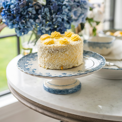 Arte Italica Burano cake stand blue ceramic Italian hand painted dinnerware, dessert stand with yellow cake