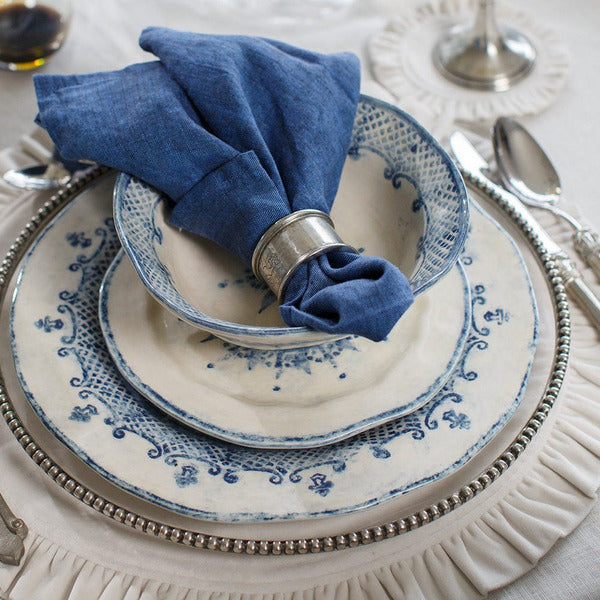 Arte Italica Burano cereal bowl blue ceramic Italian hand painted dinnerware, ceramic breakfast bowl with napkin and plates