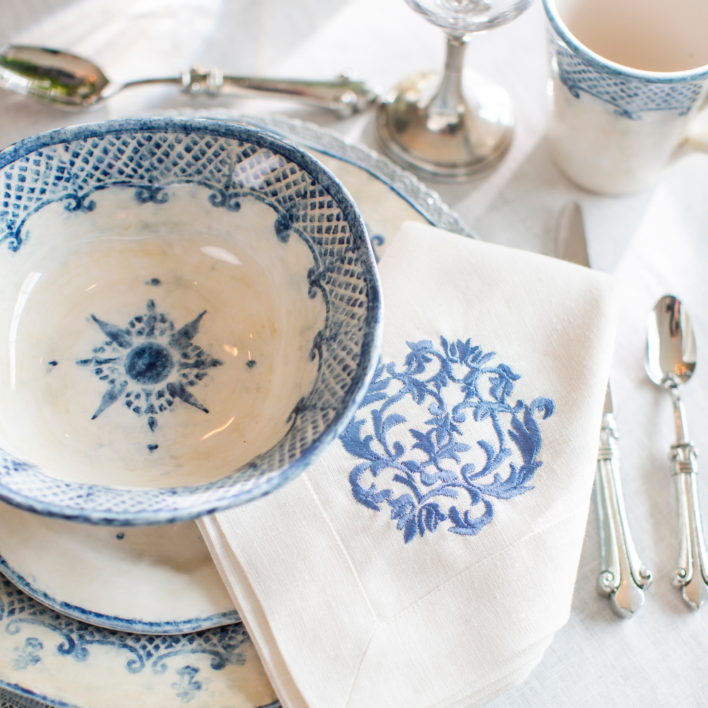 Arte Italica Burano cereal bowl blue ceramic Italian hand painted dinnerware, ceramic breakfast bowl with damask blue napkin and mug