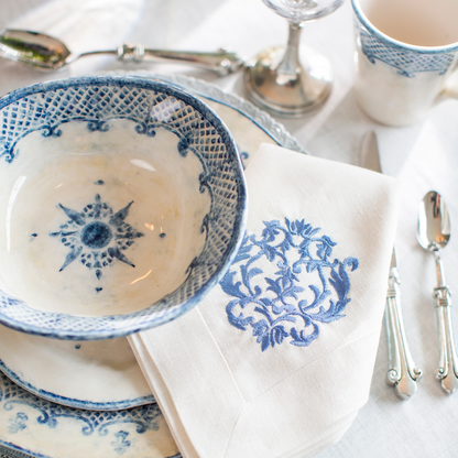 Arte Italica Burano cereal bowl blue ceramic Italian hand painted dinnerware, ceramic breakfast bowl with damask blue napkin and mug