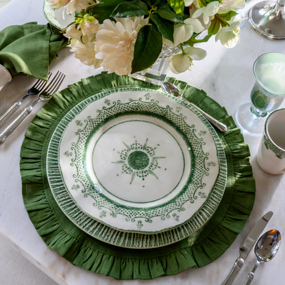 Arte Italica Burano dinner plate green ceramic Italian hand painted dinnerware, decorative table plate on table and green linen placemat