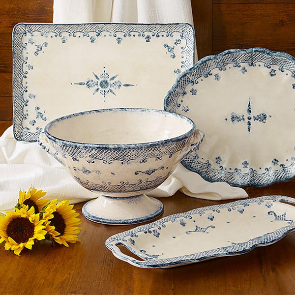 Arte Italica Burano footed bowl with handles blue ceramic Italian hand painted dinnerware collection display