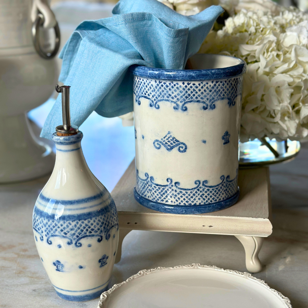 Arte Italica Burano oil and vinegar bottle blue ceramic Italian hand painted displayed with utensil holder