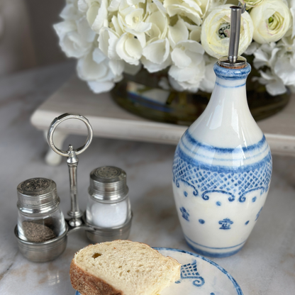 Arte Italica Burano oil and vinegar bottle blue ceramic Italian hand painted with bread and salt and pepper shakers