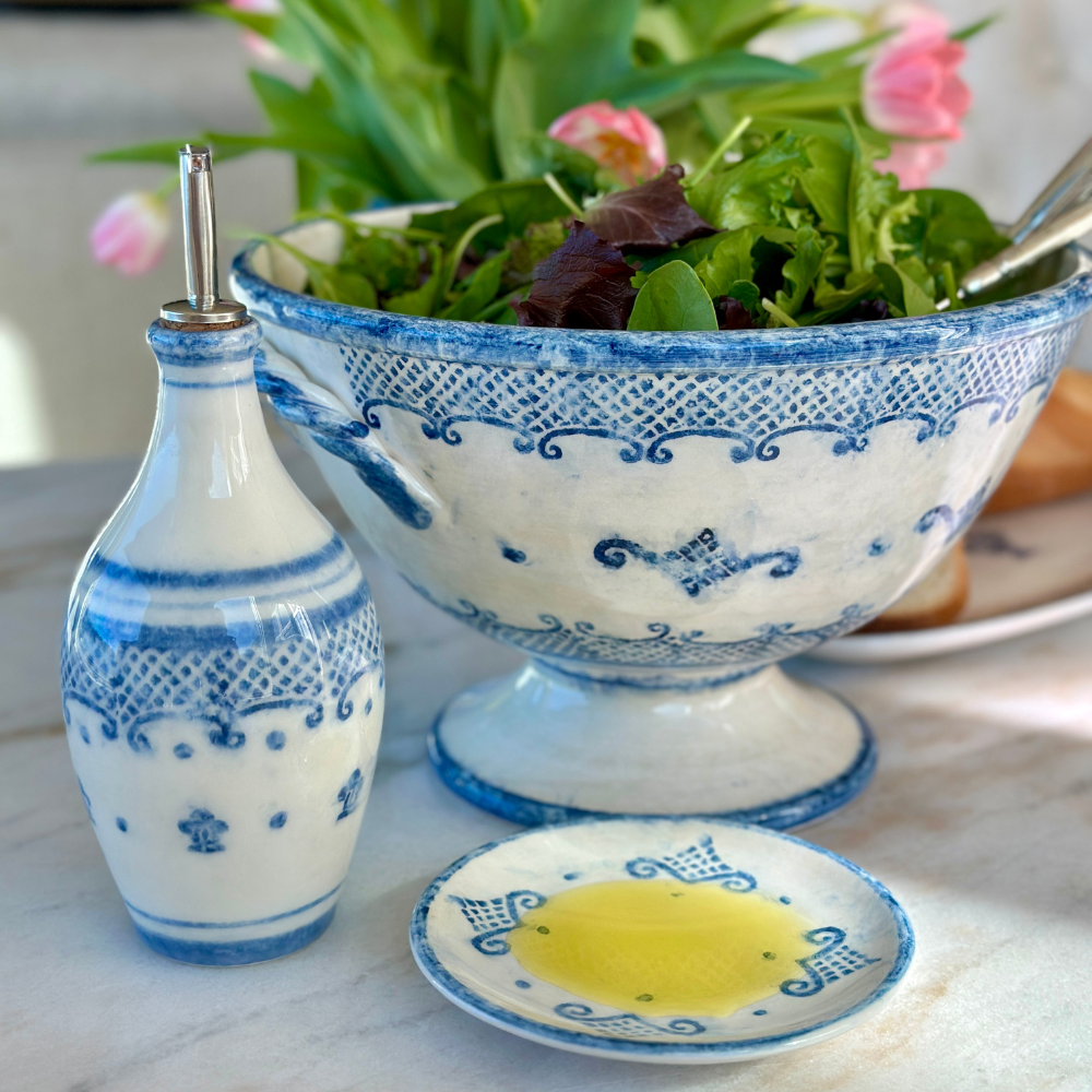 Arte Italica Burano oil and vinegar bottle blue ceramic Italian hand painted cruet with oil and bowl