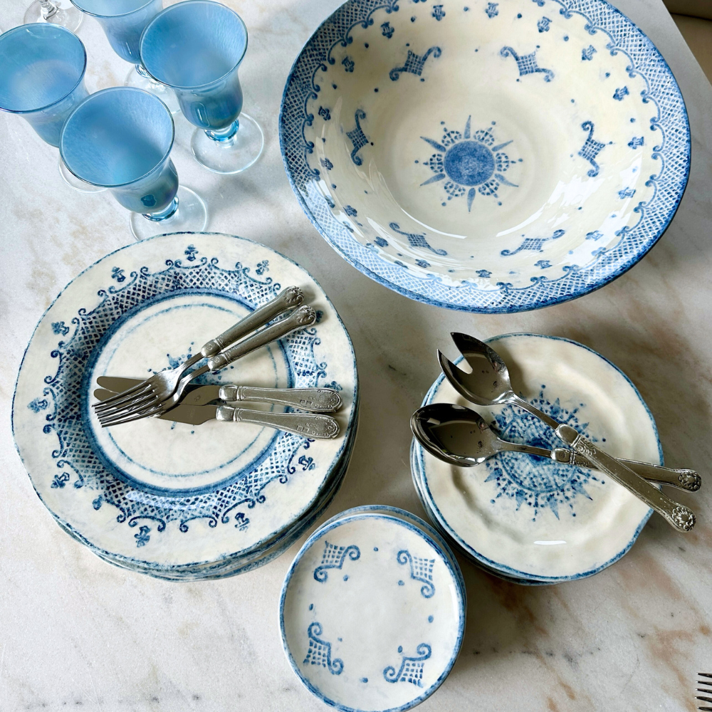 Arte Italica Burano pasta serving bowl blue ceramic Italian hand painted dinnerware display with collection plates
