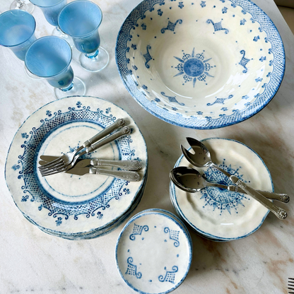 Arte Italica Burano pasta serving bowl blue ceramic Italian hand painted dinnerware display with collection plates