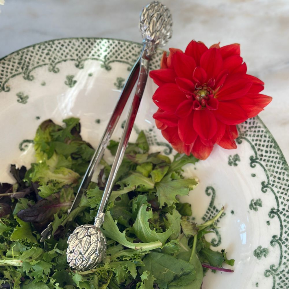 Arte Italica Burano pasta serving bowl green ceramic Italian hand painted dinnerware with salad tongs and salad
