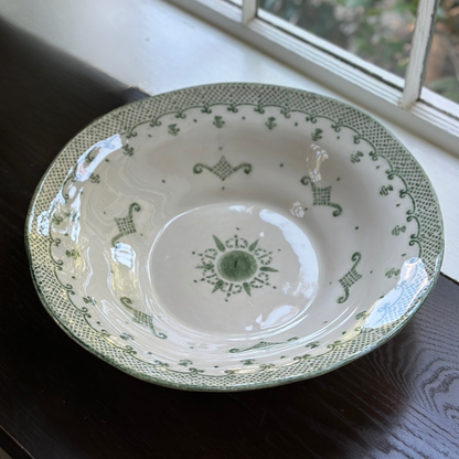 Arte Italica Burano pasta serving bowl green ceramic Italian hand painted dinnerware detail of bowl by window
