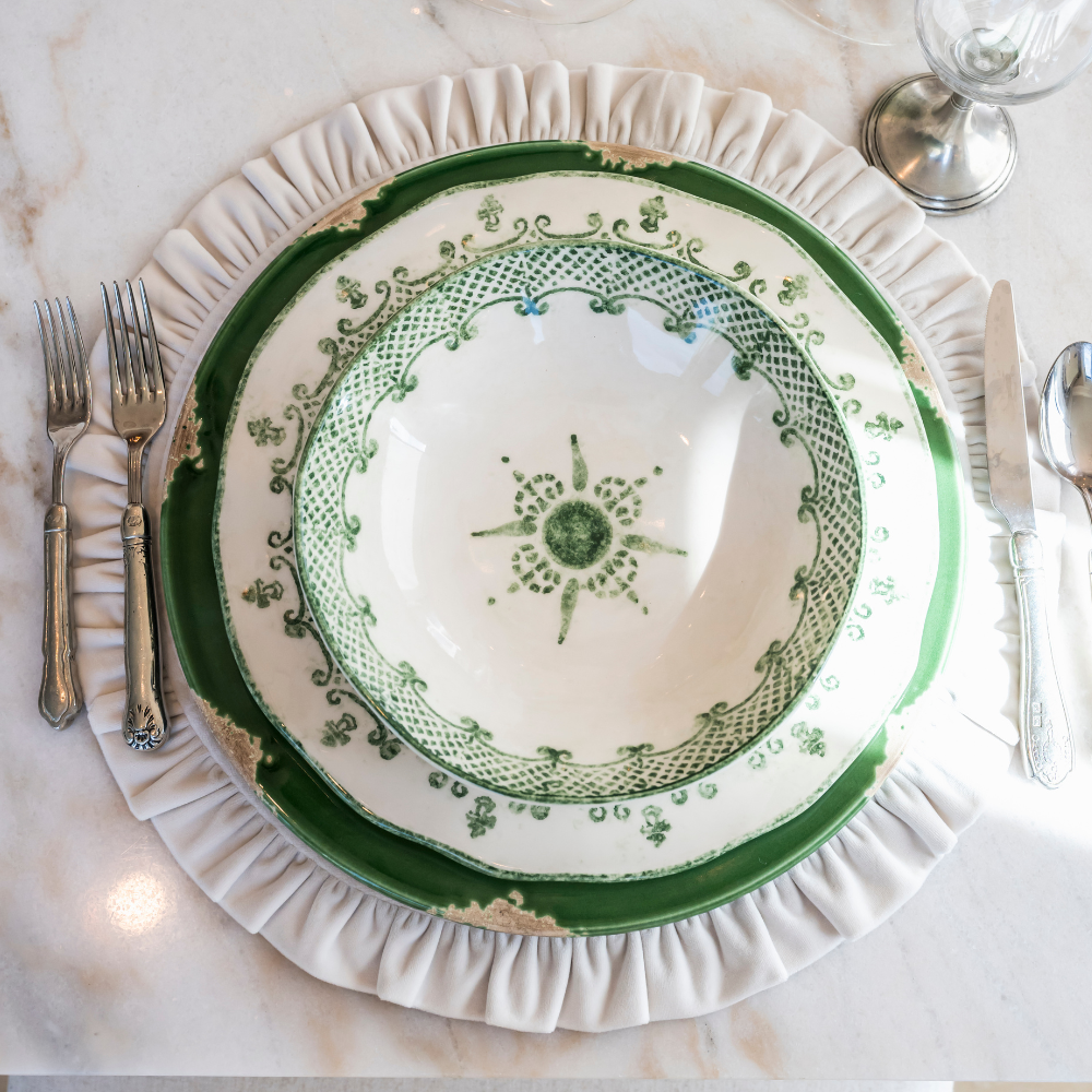 arteitalica-burano-pasta-soup-bowl-green-ceramic Italian hand painted dinnerware looking down into bowl detail on table plate stack