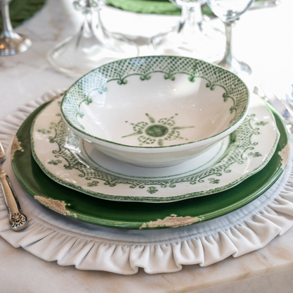 arteitalica-burano-pasta-soup-bowl-green-ceramic Italian hand painted dinnerware on plate stack and velvet placemat