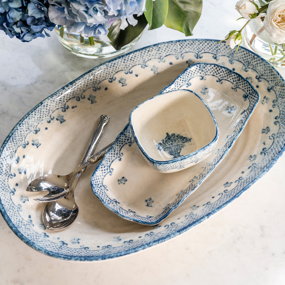 Arte Italica Burano rectangular tray blue ceramic Italian hand painted dinnerware display with square bowl and large platter