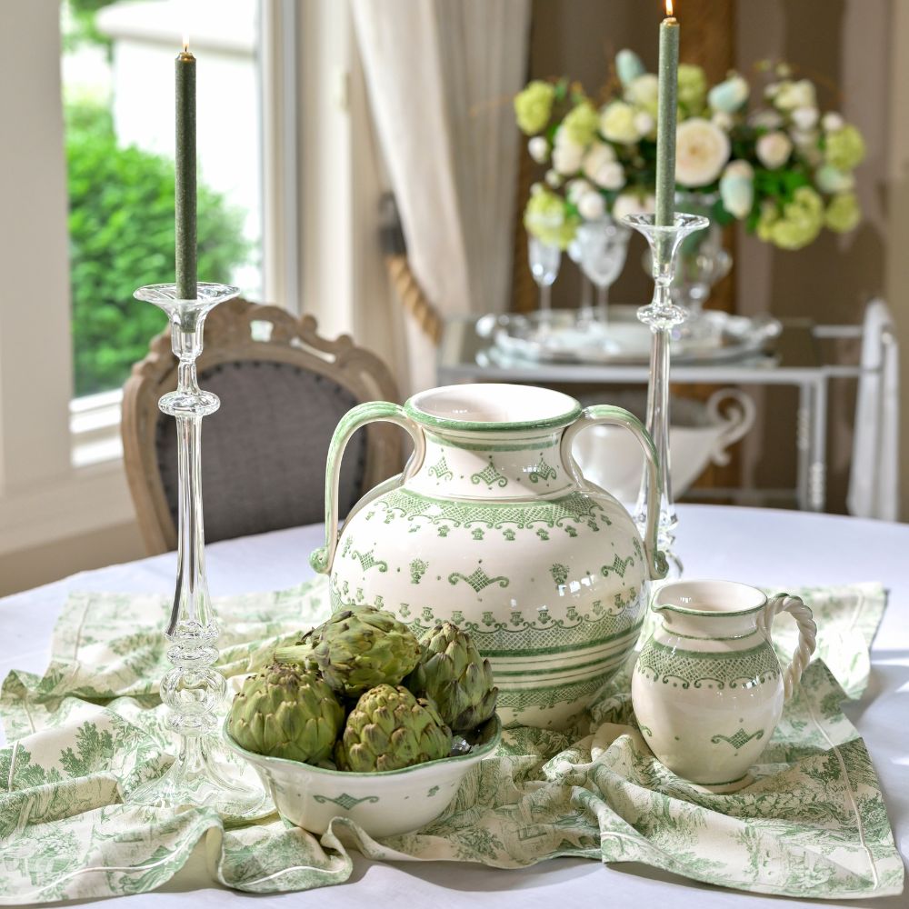 Arte Italica Burano round 2-handled Amphora green ceramic Italian hand painted  on table with pitcher and serving bowl
