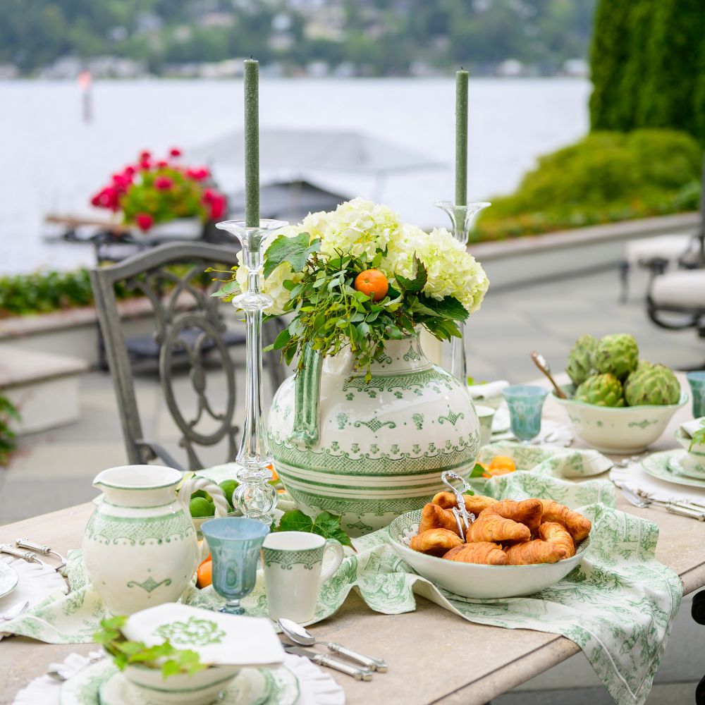 Arte Italica Burano round 2-handled Amphora green ceramic Italian hand painted  on table service el fresco dining