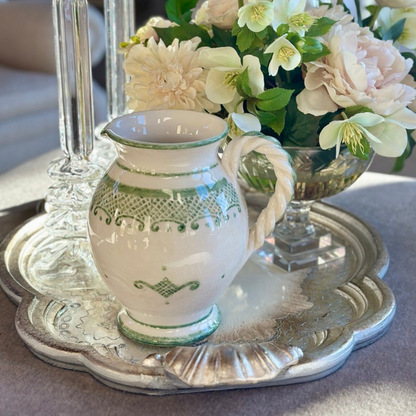 Arte Italica Burano small pitcher green ceramic Italian hand painted dinnerware display detail