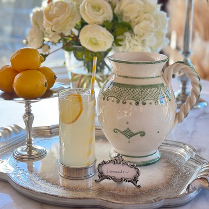 Arte Italica Burano small pitcher green ceramic Italian hand painted dinnerware serving with lemonade on wood serving tray