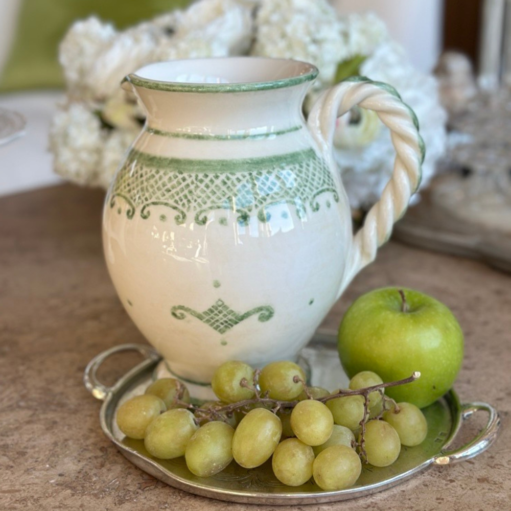 Arte Italica Burano small pitcher green ceramic Italian hand painted dinnerware with grapes on pewter tray