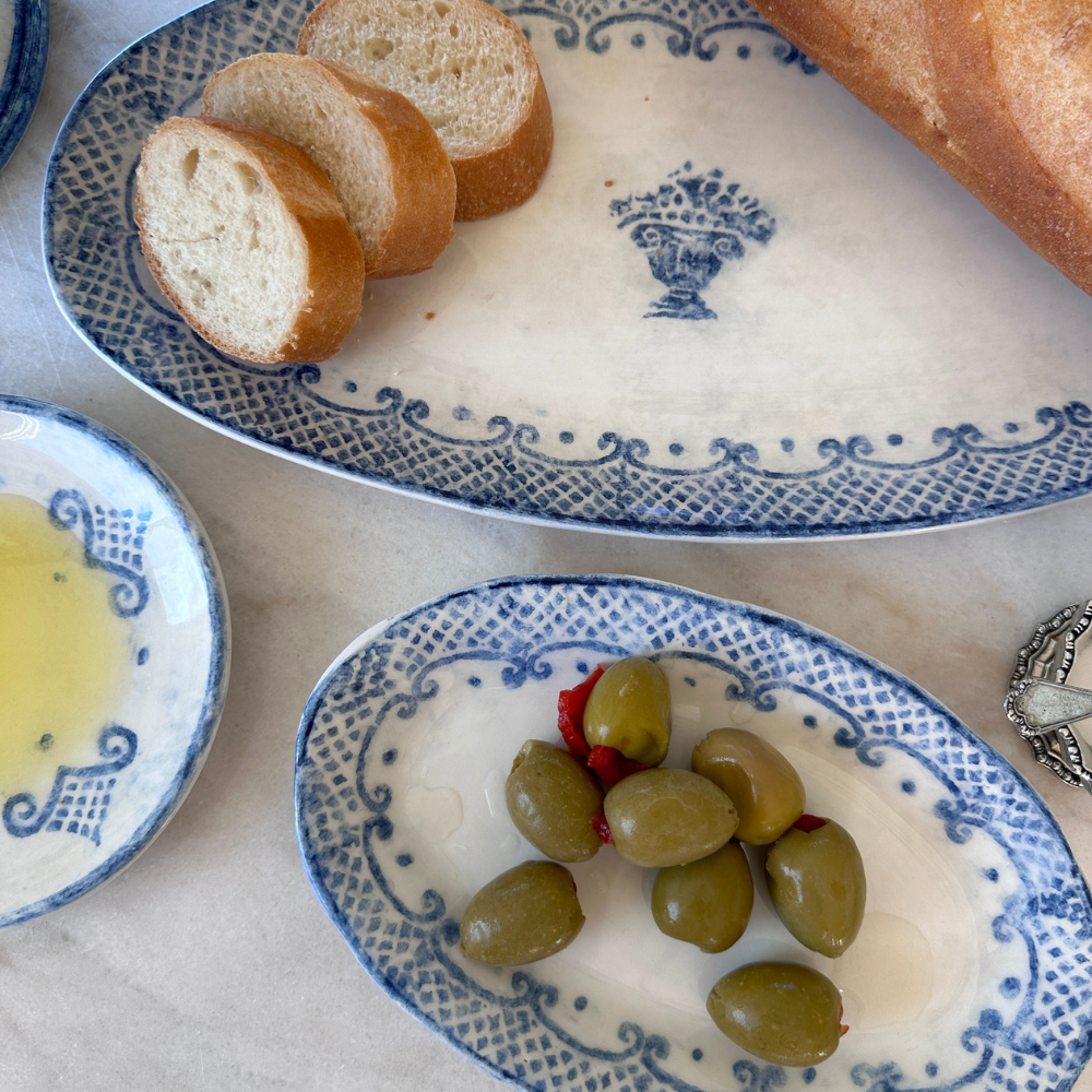 Arte Italica Burano small oval dish blue ceramic Italian hand painted dinnerware, serving platter with olives and bread
