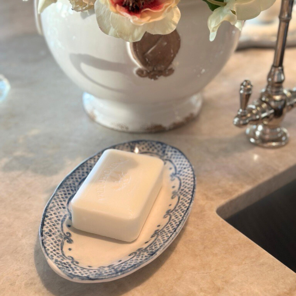 Arte Italica Burano small oval dish blue ceramic Italian hand painted dinnerware, with soap by sink