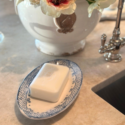 Arte Italica Burano small oval dish blue ceramic Italian hand painted dinnerware, with soap by sink