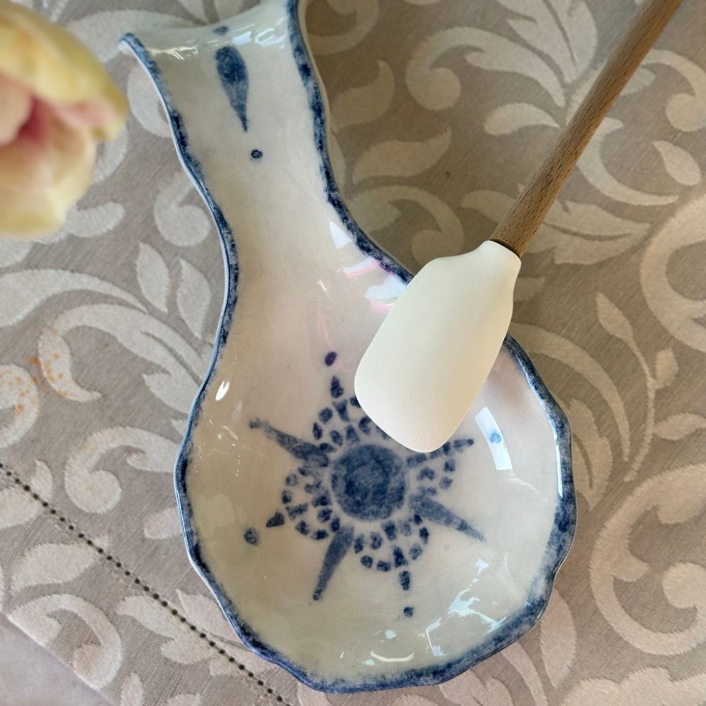 Arte Italica Burano spoon rest blue ceramic Italian hand painted table accessory detail with spoon