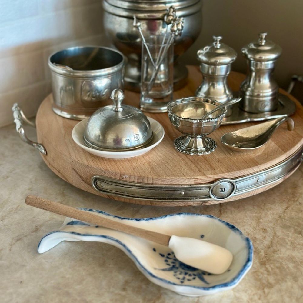 Arte Italica Burano spoon rest blue ceramic Italian hand painted table accessory with spoon and pewter