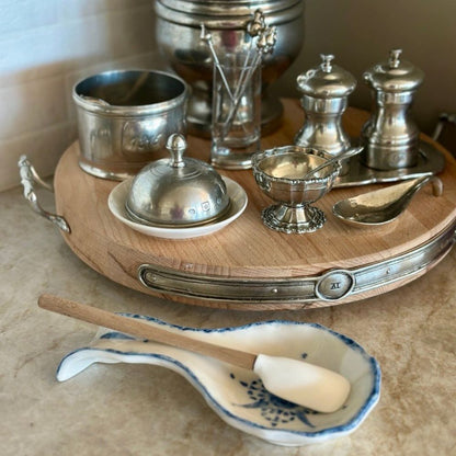 Arte Italica Burano spoon rest blue ceramic Italian hand painted table accessory with spoon and pewter