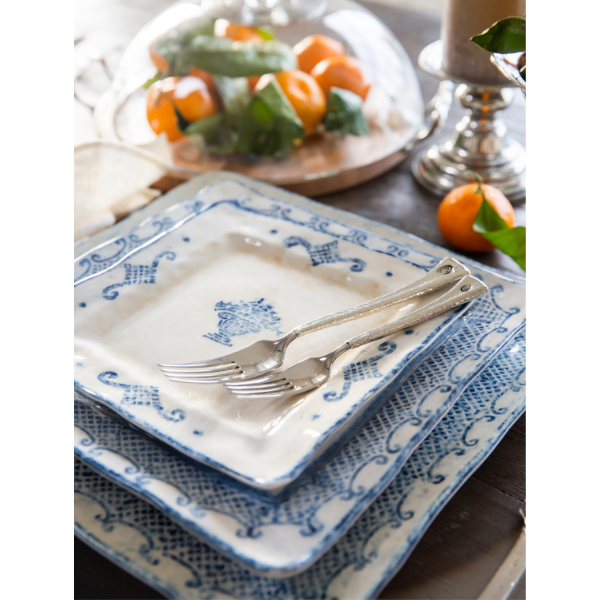 Arte Italica Burano square salad and dessert plate blue ceramic Italian hand painted dinnerware stack with forks