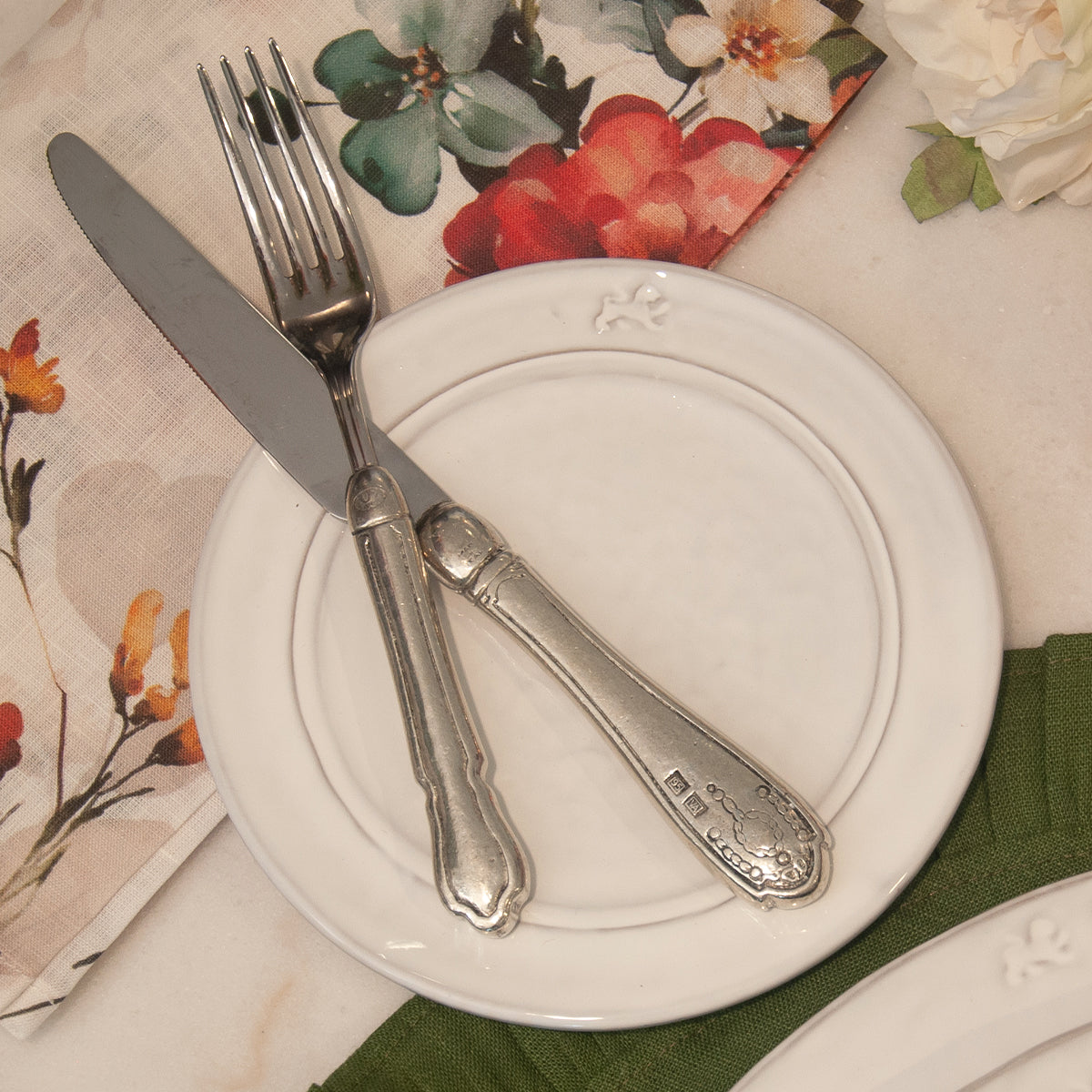 Firenze Bread Canapé Plate white Italian stoneware bread plate for appetizers with knife and fork overhead view