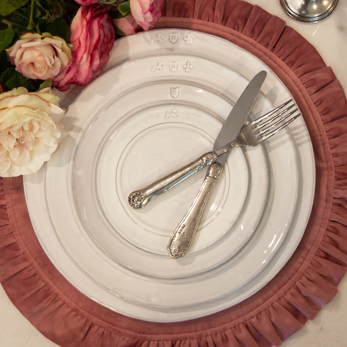 Firenze Bread Canapé Plate white Italian stoneware bread plate for appetizers plate stak with knife and fork on velvet plascemat