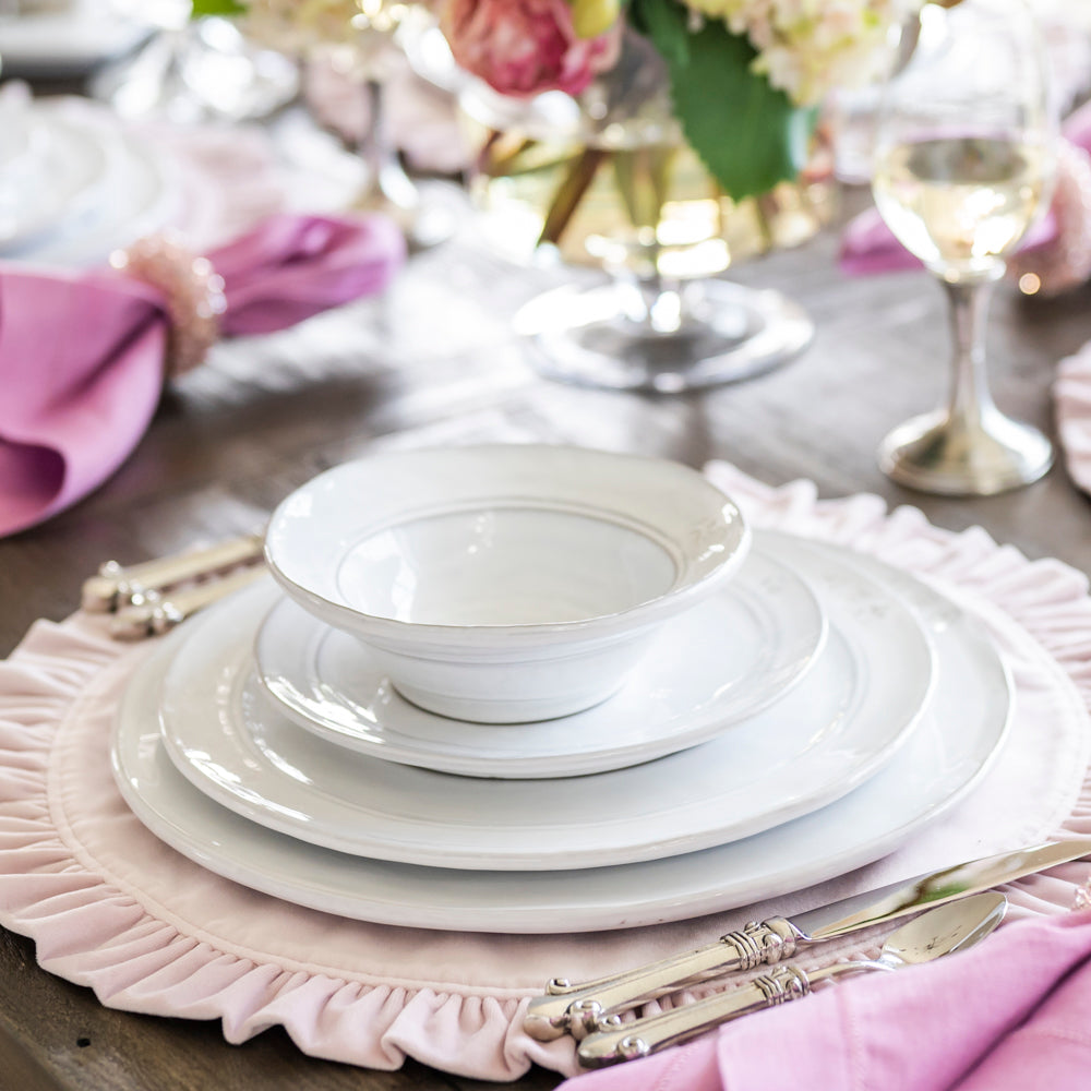 Firenze Cereal Bowl white Italian stoneware handcrafted breakfast bowl on table with firenze collection stack