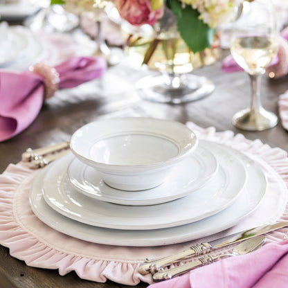 Firenze Cereal Bowl white Italian stoneware handcrafted breakfast bowl on table with firenze collection stack