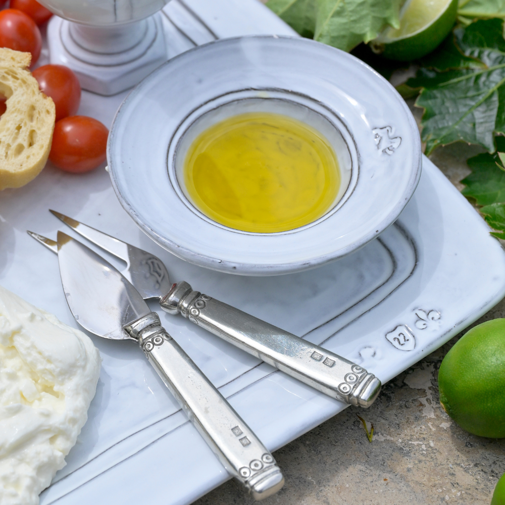 Firenze Dipping Bowl Set white Italian stoneware handcrafted condiment bowl set detail with food on platter